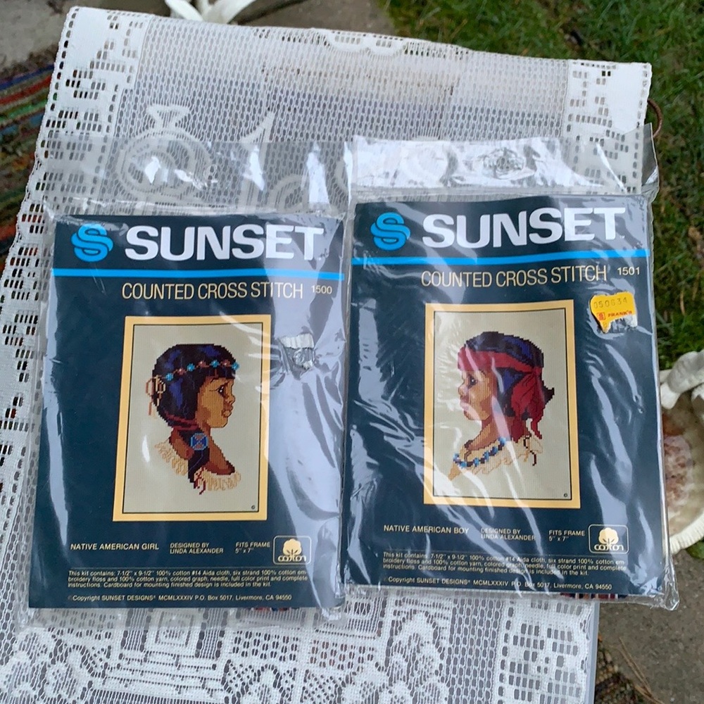SUNSET Counted Cross Stitch kits 1500 & 1501 Native American Girl & Boy 5"X7"